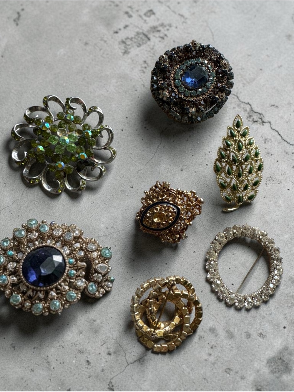 Vintage Brooch Lot Rhinestone Pins Blue Green Gold Statement Jewelry Bundle